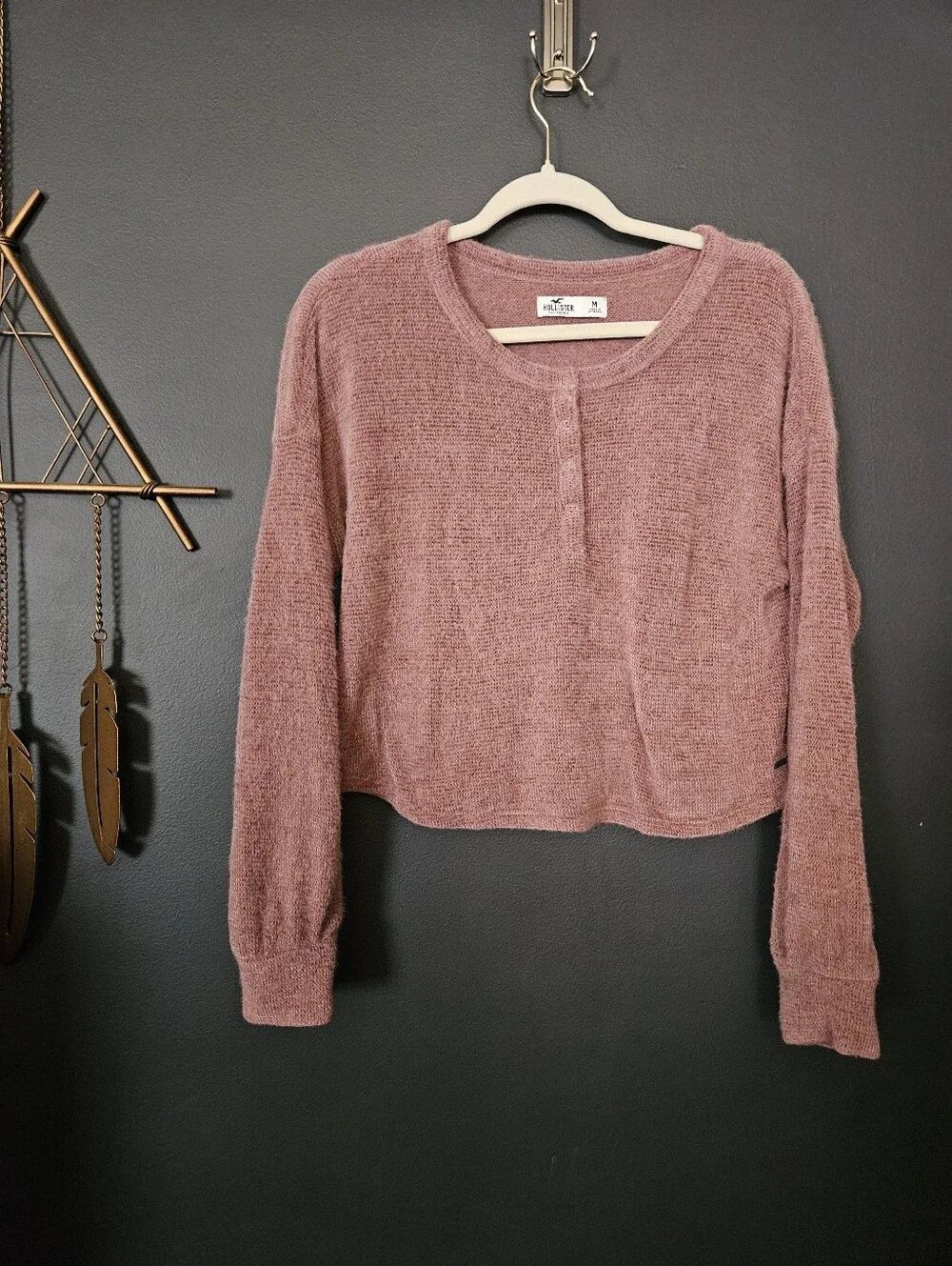 Hollister Cozy Plush Cropped Henley Sweater Mauve Pink Women's Medium